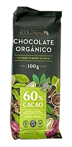 CHOC. COLONIAL BARRA CHOC ORG 60 % 100 GRS